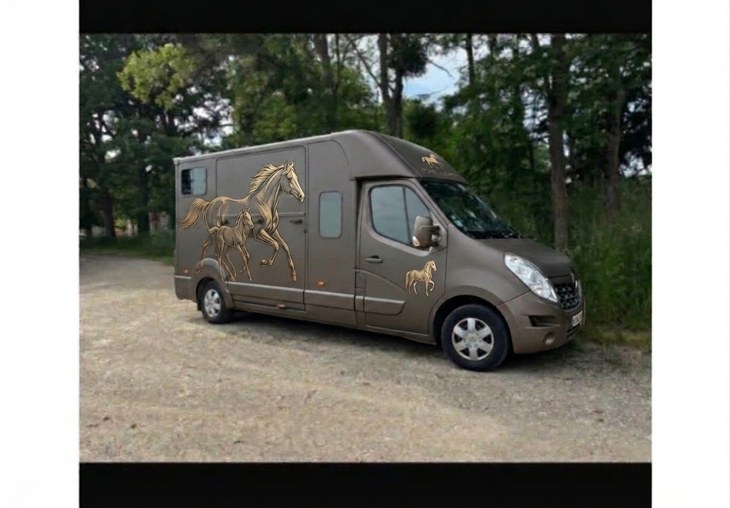 Camion van TransportsChevaux.com pour le transport de chevaux, décoré de chevaux dorés