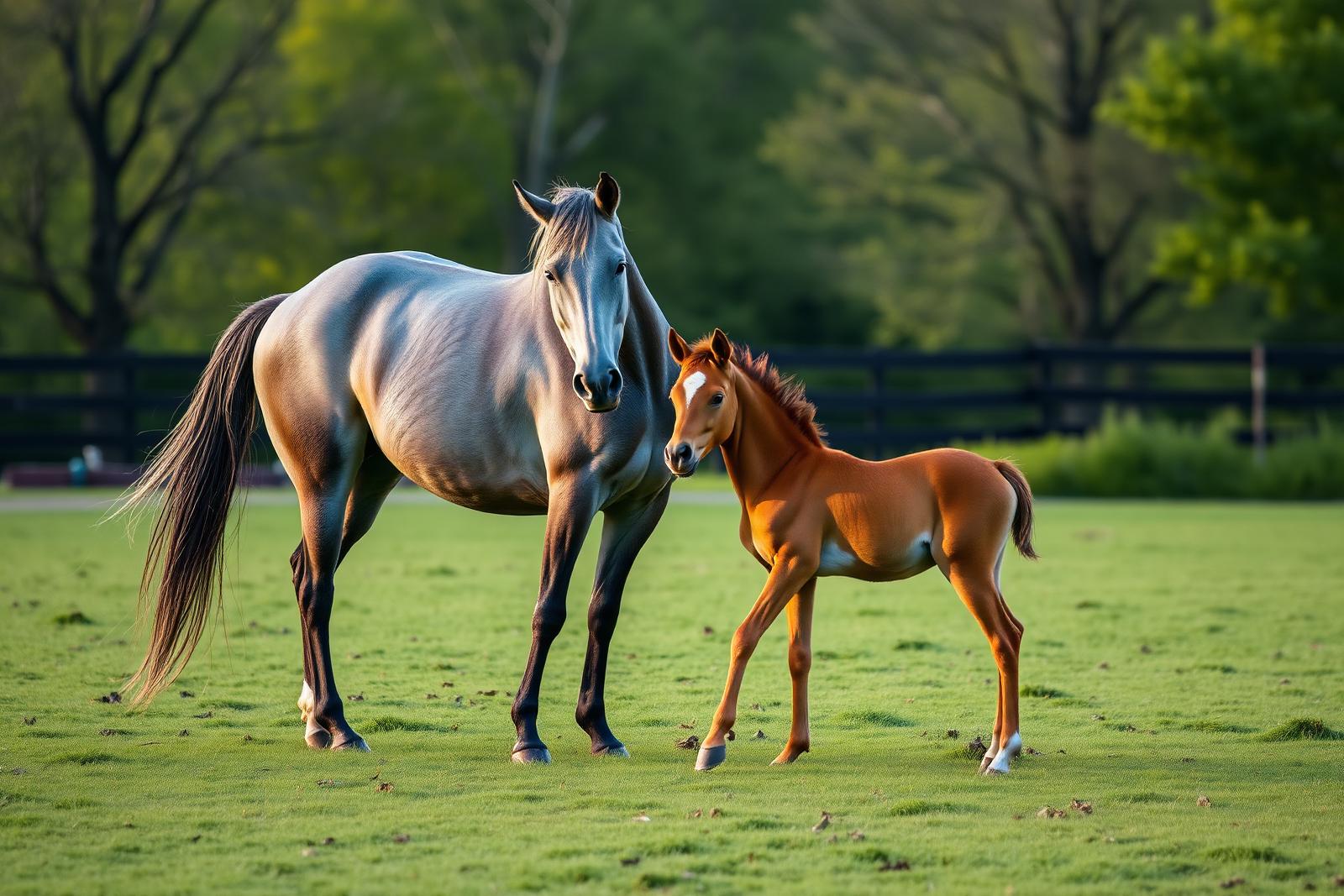 Jument grise et son poulain alezan dans un paddock
